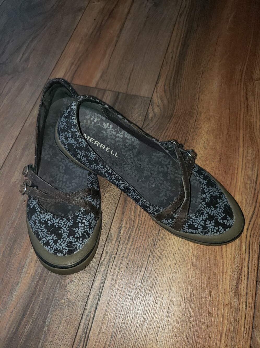 Merrell Women's Black Floral Mary Jane Loafers with Leather Straps